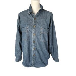 Vtg St John’s Bay blue denim shirt plaid flannel lined men large gorpcore top